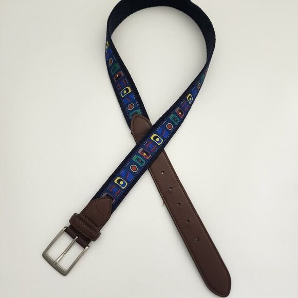 Tommy Bahama leather canvas belt beer can graphic mens size M 34 blue multicolor - Picture 1 of 6